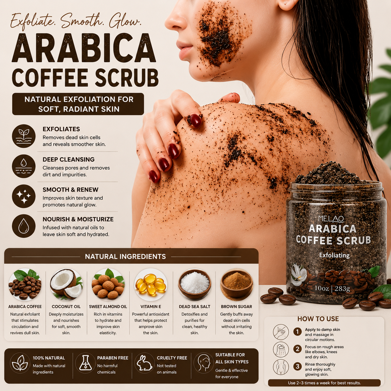 Natural Arabica Coffee Scrub – Exfoliating Body Polish with Dead Sea Salt