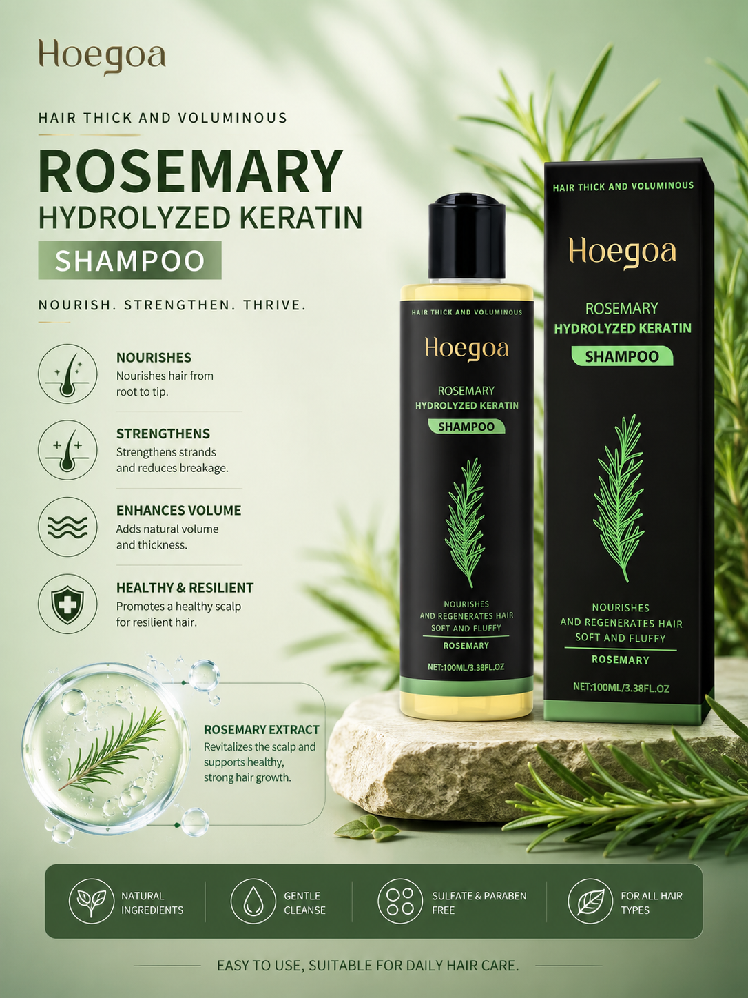 Rosemary Shampoo for Thicker, Fuller Hair – Strengthens, Repairs & Controls Excess Oil