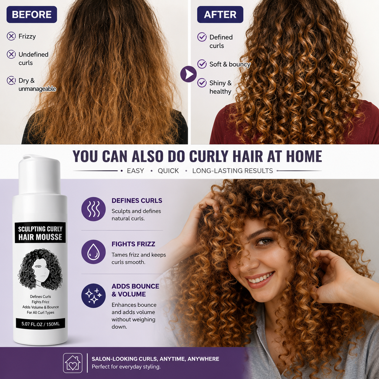 Curly Hair Styling Mousse – Defines Curls, Reduces Frizz & Adds Lasting Volume