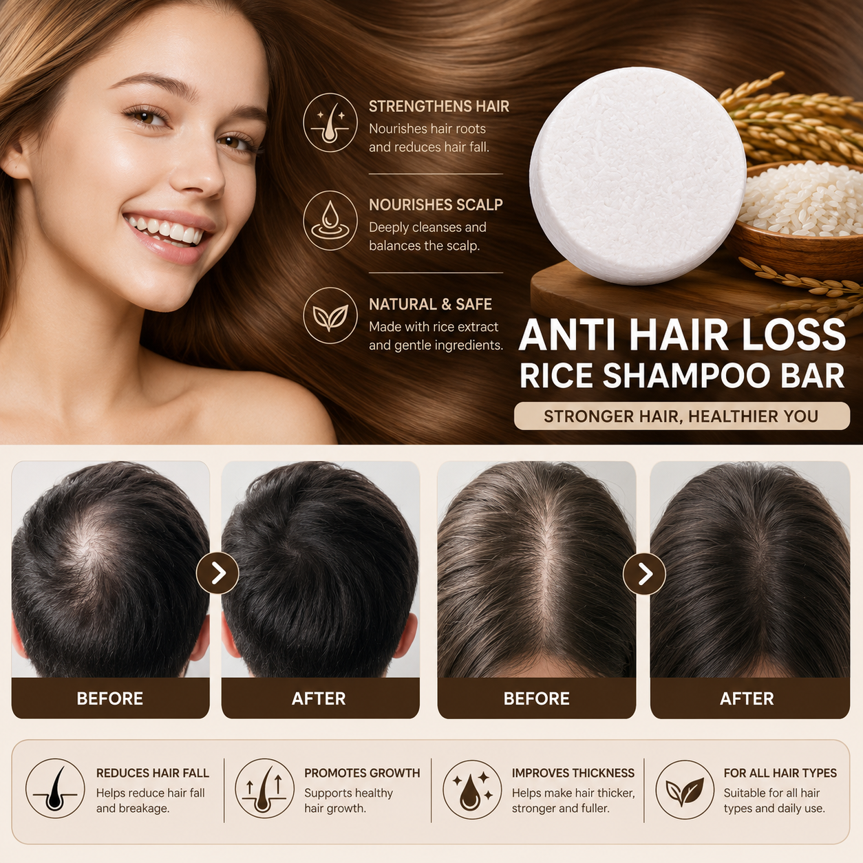 Organic Rice Water Shampoo Bar – Nourishing & Conditioning Hair Soap with Rice Protein