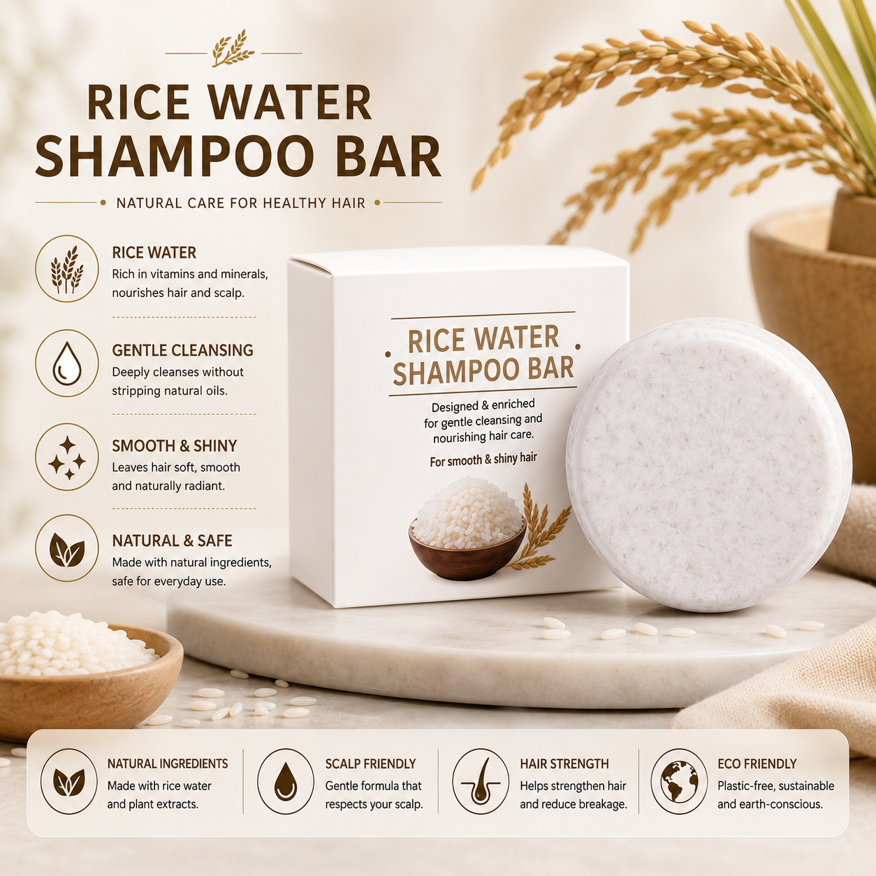 Organic Rice Water Shampoo Bar – Nourishing & Conditioning Hair Soap with Rice Protein