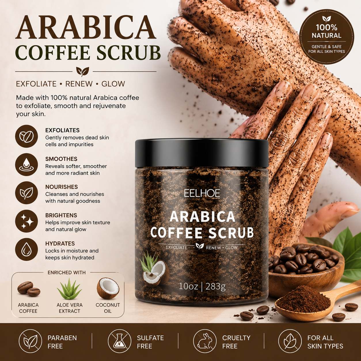Natural Arabica Coffee Scrub – Exfoliating Body Polish with Dead Sea Salt
