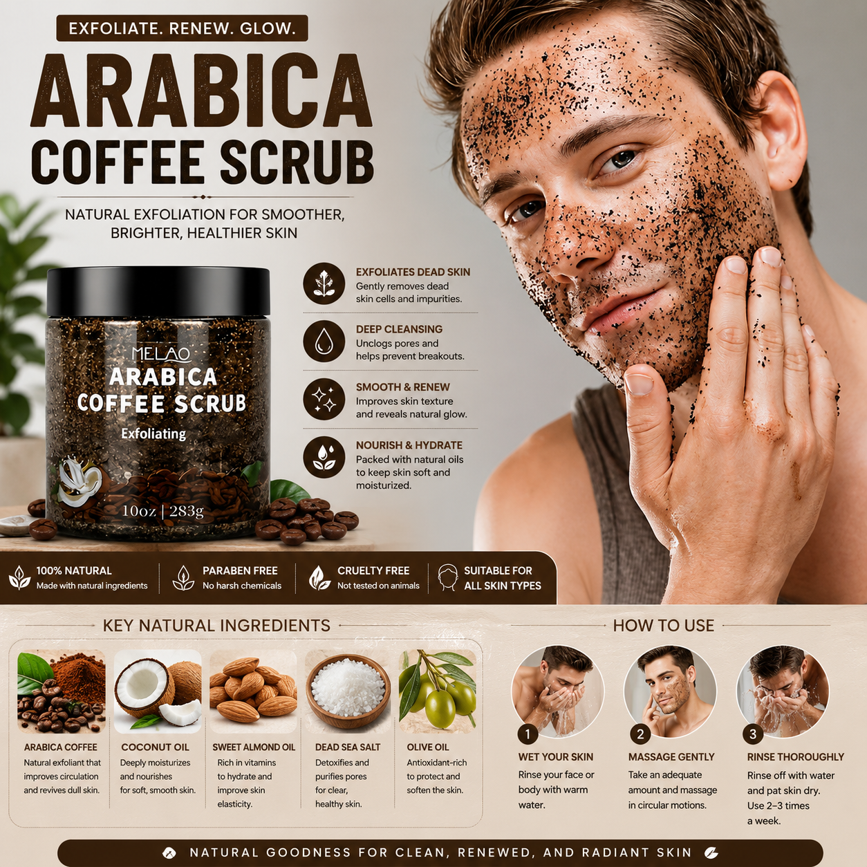 Natural Arabica Coffee Scrub – Exfoliating Body Polish with Dead Sea Salt